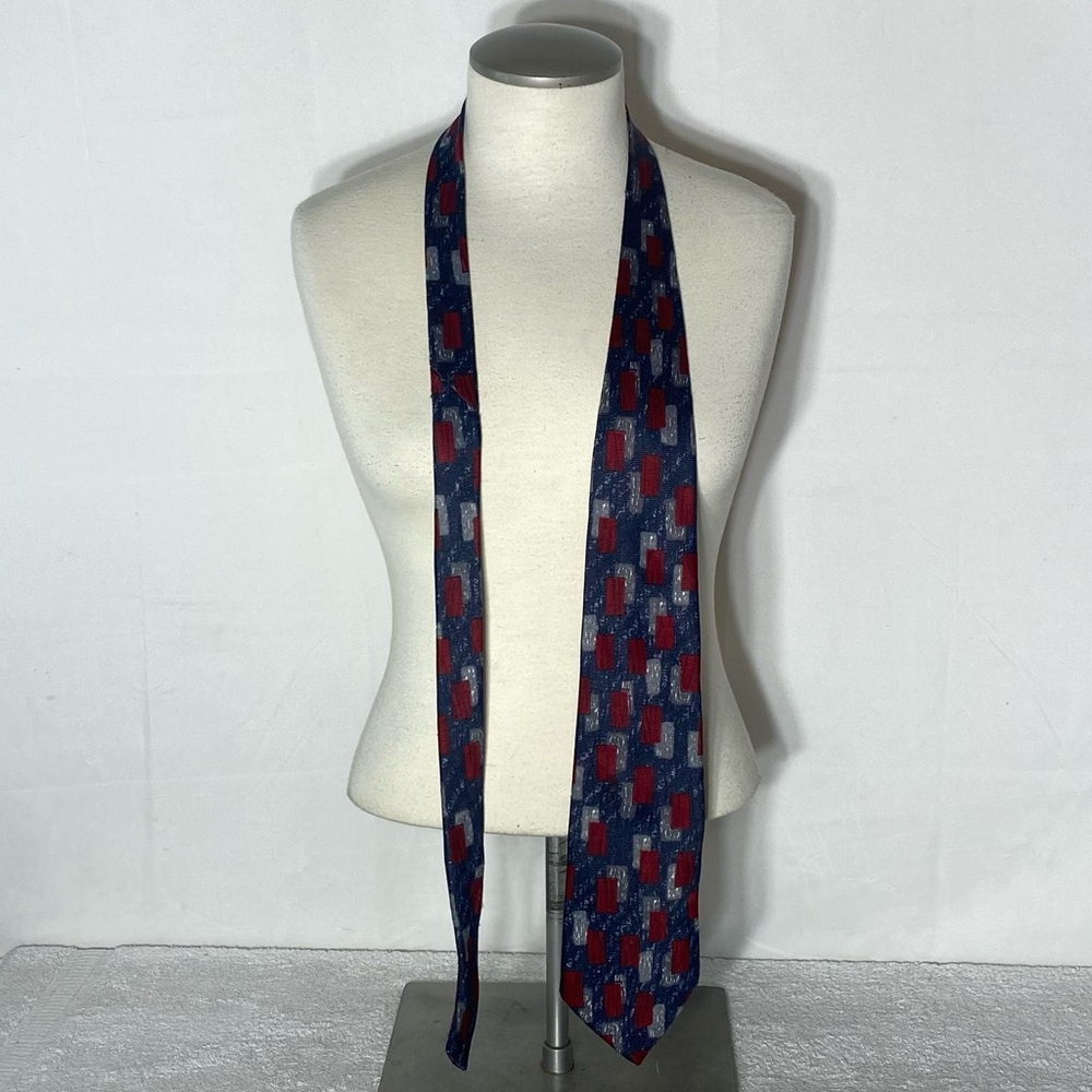 Vintage Protocol Red Blue Grey Rectangle Print Neck Tie